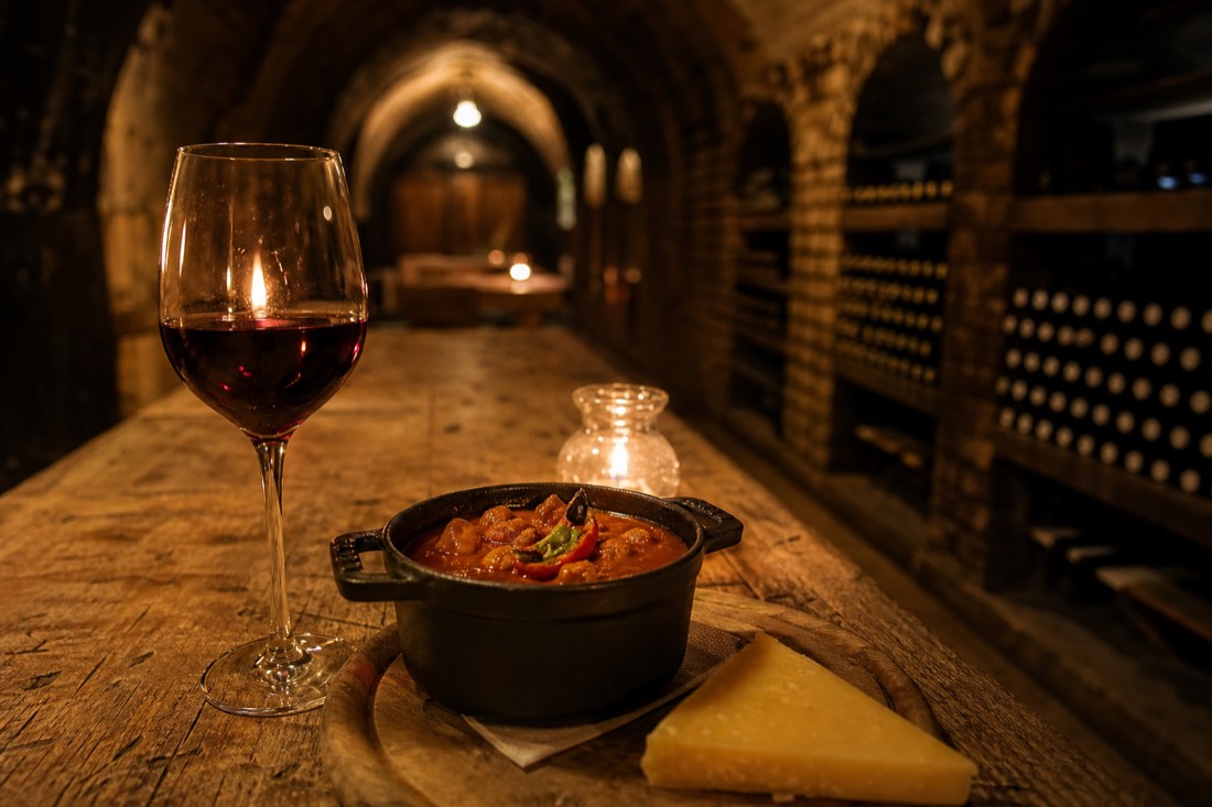 A glass of deep ruby Hungarian red wine standing beside a small cast iron pot of paprika stew and a wedge of hard cheese on a scarred oak table in a vaulted Budapest wine cellar, candle flame and dusty bottle racks receding into warm shadow, low golden light, shallow depth of field, no people, no labels or readable text