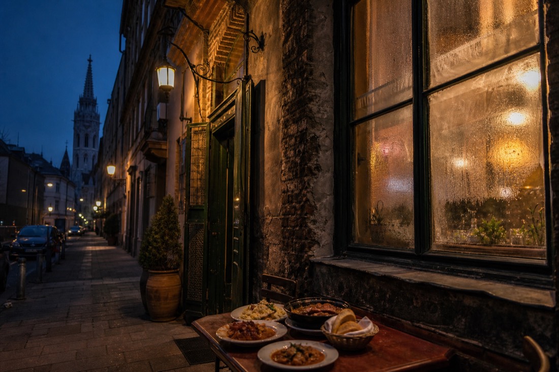 A small neighbourhood eatery glowing at dusk on a Budapest side street, the kind of stop on the off-the-beaten-path food tour
